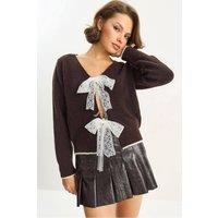 Bianco Lucci Women's Knit V-Neck Cardigan with Lace Tie Closure in Dark Brown
