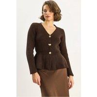 Bianco Lucci Women's Ribbed Long Sleeve V-Neck Cardigan with Buttons in Dark Brown