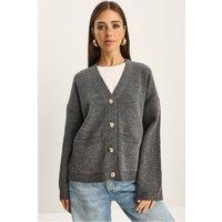 Bianco Lucci Women's Thick Ribbed V-neck Cardigan with Button Closure in Grey