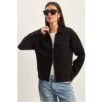 Bianco Lucci Women's Ribbed Knitwear Cardigan with Zipper & Pockets in Black