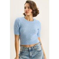 Bianco Lucci Women's Crew Neck Short Sleeve Knit Sweater in Baby Blue