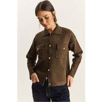 Bianco Lucci Women's Polo Collar Cardigan in Chocolate