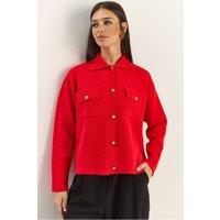 Bianco Lucci Women's Polo Collar Cardigan in Red