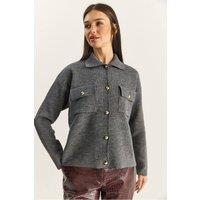 Bianco Lucci Women's Polo Collar Cardigan in Charcoal