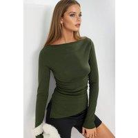 Busem Women's Boat Neck Cotton Blouse in Bottle Green | Size: Small