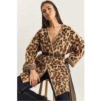 Bianco Lucci Women's Oversized Long Cardigan with Leopard Print & Pockets in Chocolate