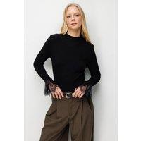 MixRay Women's Slim Fit Ribbed Knit Sweater with Crew Neck in Black