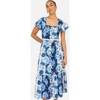 Yumi Women's Floral Viscose Midi Shirt Dress With Matching Belt in Bright Blue | Size: 14