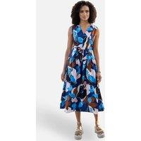 Yumi Women's Cotton Floral Abstract Dropped Waist Midi Dress in Bright Blue | Size: 14