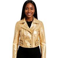 Infinity Leather Women's Cropped Brando Leather Biker Jacket-Bellville in Gold | Size: 20