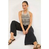 Roman Women's Petite Crochet Detail Linen Blend Jumpsuit in Black | Size: 18