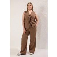 WOVCOR Women's Lace Up Detail Sleeveless Top & Wide Leg Trouser Co-ord Set in Brown | Size: 16