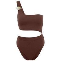 WOVCOR Women's Asymmetric Cut Out One Shoulder Swimsuit with Hardware Detail in Brown | Size: 8