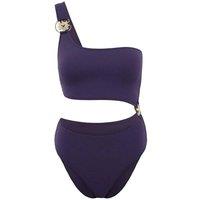 WOVCOR Women's Asymmetric Cut Out One Shoulder Swimsuit with Hardware Detail in Aubergine | Size: 6
