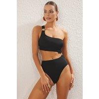 WOVCOR Women's Asymmetric Cut Out One Shoulder Swimsuit with Hardware Detail in Black | Size: 6