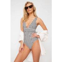 WOVCOR Women's Striped Plunge Neck Panelled Swimsuit | Size: 10
