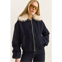 Bianco Lucci Women's Crop Denim Jacket with Faux Fur Detail in Navy | Size: Medium