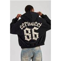 Cernucci Men's 86 Back Print Zip Through Boxy Hoodie - Black | Size: Large