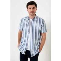 Saltwell Men's Two Tone Stripe Linen Rich Short Sleeve Shirt in Blue | Size: Large