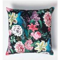 Homescapes Floral Peacock Black & Teal Filled Velvet Cushion 46 x 46 cm