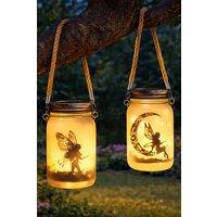 Marco Paul Pack of Two Solar Powered Hanging Fairy Frosted Glass Jar Lantern in Clear