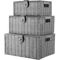 Arpan Set of 3 Resin Woven Storage Basket Box With Lid & Lock in Grey | Size: Small