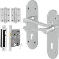 AFIT Satin Door Handles Lock Set, 1 Pair Satin Chrome Backplate, Hinges in Silver | Size: 150mm x 150mm