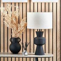Ruma Mango Wood Contemporary Table Lamp with Linen Drum Shade in Black