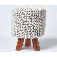 Homescapes Tall Cotton Knitted Footstool on Legs in Natural