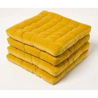 Homescapes 4 Pack Seat Pads Luxury Cotton Velvet Indoor Outdoor Garden Cushion, 40cm in Mustard | Size: 40 cm x 40 cm