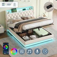 Matteo King Upholstered Ottoman Bed Frame - Hydraulic Storage, LED & USB in Beige