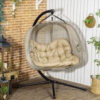 OUTSUNNY Double Hanging Egg Chair 2 Seaters Swing Hammock w/ Cushion in Brown
