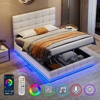 Matteo Cream White Ottoman Double Bed Frame with RGB LED Lighting, Hydraulic Storage & Adjustable Tufted PU Leather Headboard