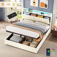 BTM Double Bed with Hydraulic Storage & LED Charging Headboard in Beige