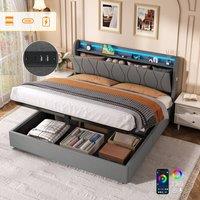 BTM King Bed with Hydraulic Storage & LED Charging Headboard in Grey