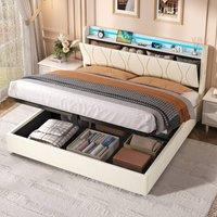 BTM King Bed with Hydraulic Storage & LED Charging Headboard in Beige