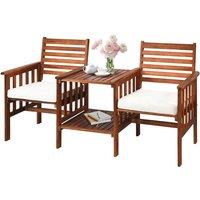 Gymax 3 PCS Acacia Coffee Table Chairs Set Loveseat Set With Umbrella Hole in Brown