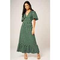 FS Collection Women's Polka Dot V-Neck Angel Sleeve Midi Dress in Green | Size: Medium