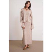 MixRay Women's V-neck Knitwear Sweater & Skirt Co-ord Set in Beige | Size: Medium/Large