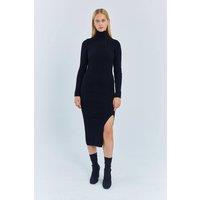 MixRay Women's Turtleneck Midi Knit Dress with Slit in Black | Size: Medium/Large