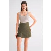 MixRay Women's Belted High-Waist Wrap Front Shorts with Slit Detail in Khaki | Size: Medium