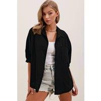 Big Dart Women's Loose Fit Poplin Shirt with Pocket in Black | Size: Small