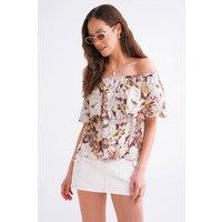 MixRay Women's Floral Print Off-Shoulder Blouse in Camel | Size: Medium