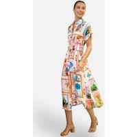 Yumi Women's Ivory Tropical Postcard Print Relaxed Midi Shirt Dress in White | Size: 20