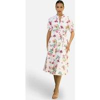 Yumi Women's White Floral Print Cotton Broderie Anglaise Midi Shirt Dress | Size: 12