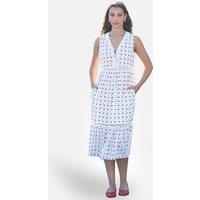 Yumi Women's White Cherry Print Lace Trim Cotton Midi Dress in Cool White | Size: 16