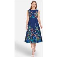Yumi Women's Woodland Animal Print Cotton Midi Skater Dress in Mid Navy | Size: 14
