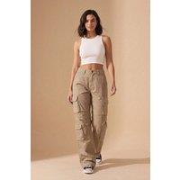 Femme Luxe Women's Cargo Wide Leg Relaxed Fit Utility Trousers in Beige | Size: 10