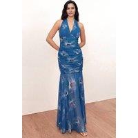 Anaya with Love Women's Floral Halter Neck Ruched Maxi Dress in Blue | Size: 16