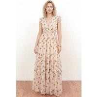 Anaya with Love Women's Polka Dot Flutter Sleeve Ruffle Maxi Dress in Cream | Size: 10